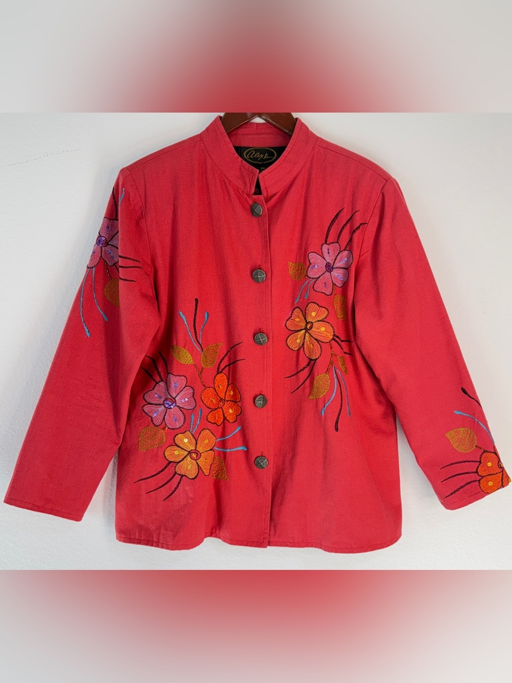 Vintage Y2K Alex Kim Coral Floral Embroidered Jacket Colorful Boho Fairy Cottage